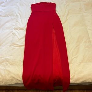 Meshki long strapless red dress, size S high slit like new